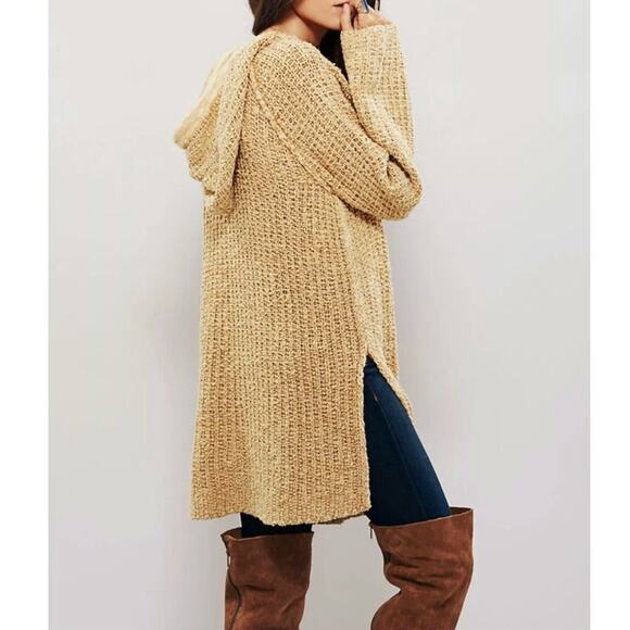 Free People Chunky Knit Crochet Hoodie Long Tunic Pullover Sweater Size M - Picture 7 of 16